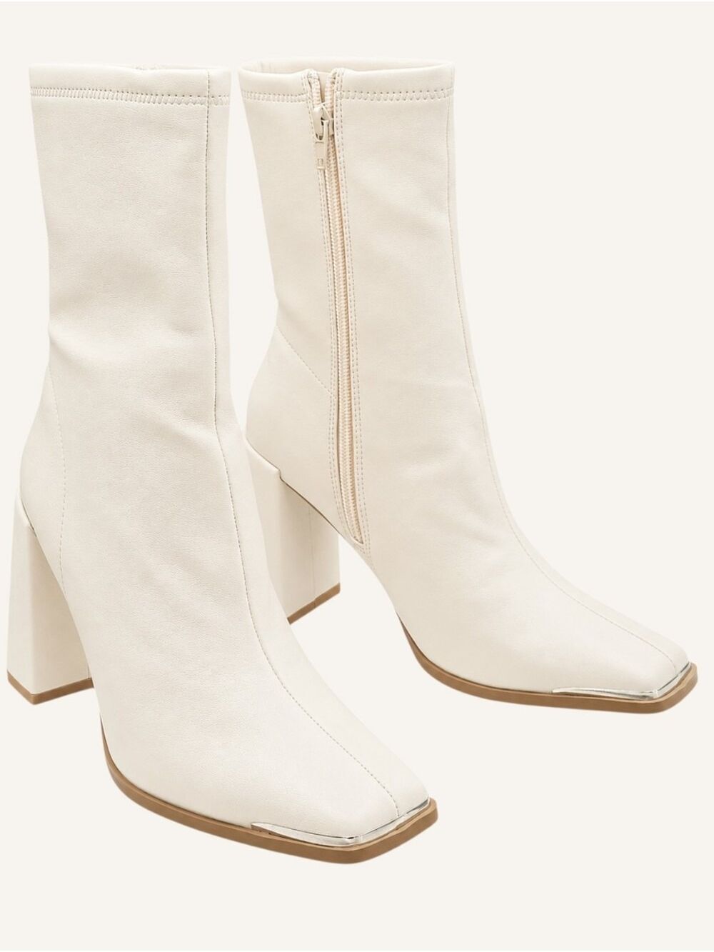 Chinese Laundry Marvin Cream Stretch Square Toe Block Heel Boots NIB Size 7